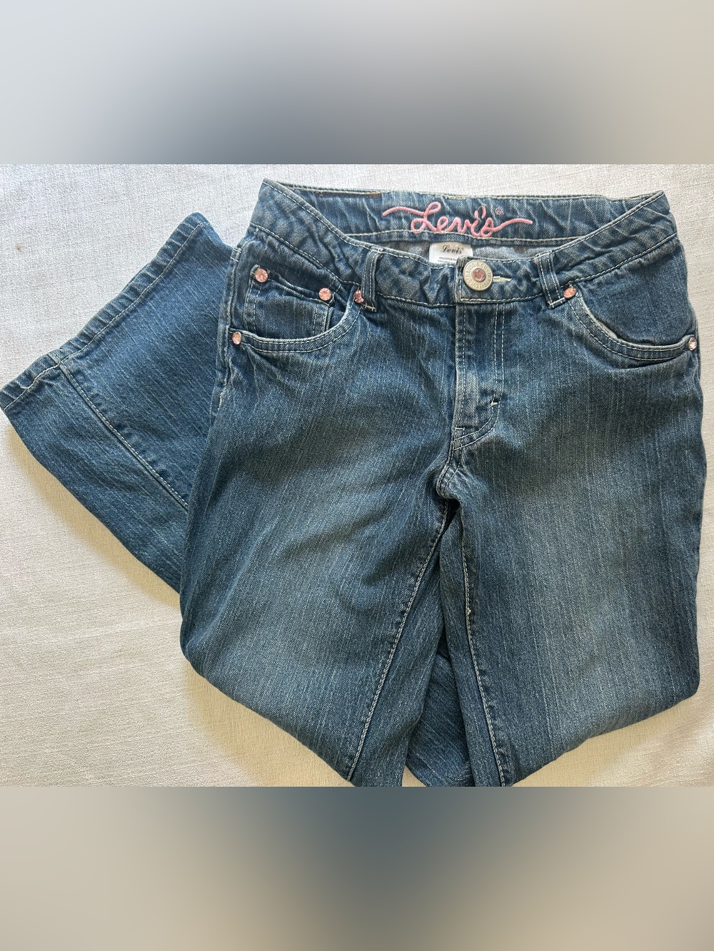 Levi’s Girls Size 14 Jeans – Medium Wash with Pink Rhinestone Details
